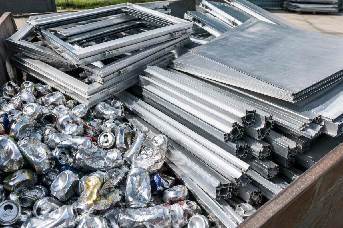 Aluminium window frames, sheets and crushed beverage cans in a scrap bin