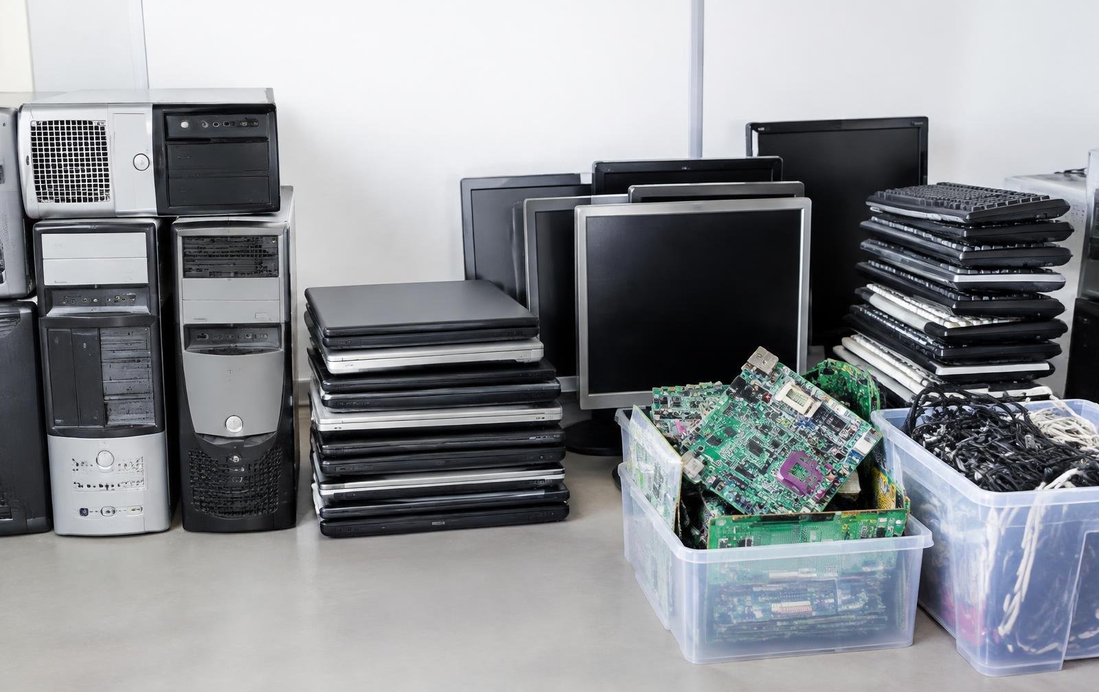 Old televisions, laptops, air conditioners, washing machines, refrigerators and batteries ready for e-waste recycling