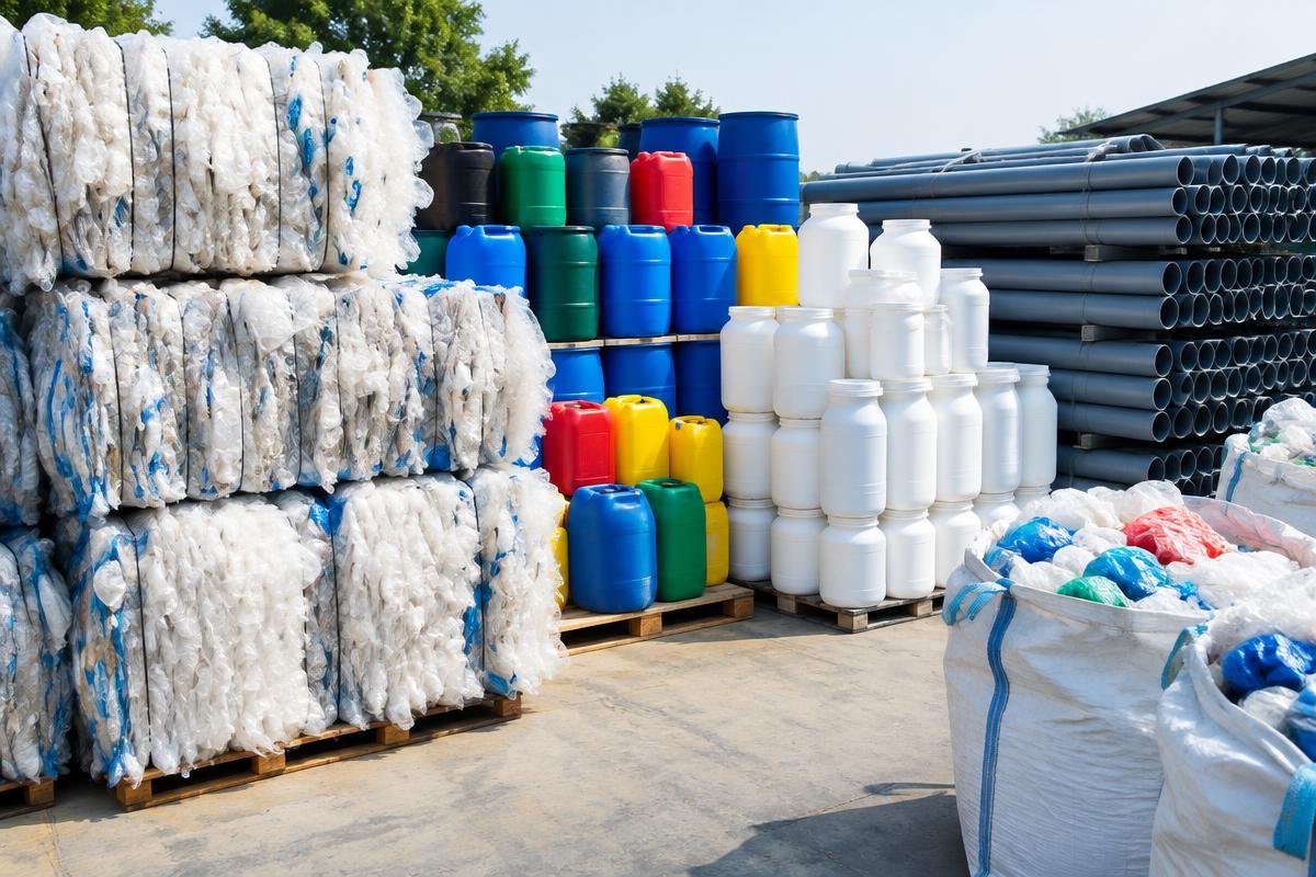 Baled polythene bags, plastic drums, plastic cans, plastic jars and PVC pipes sorted for recycling